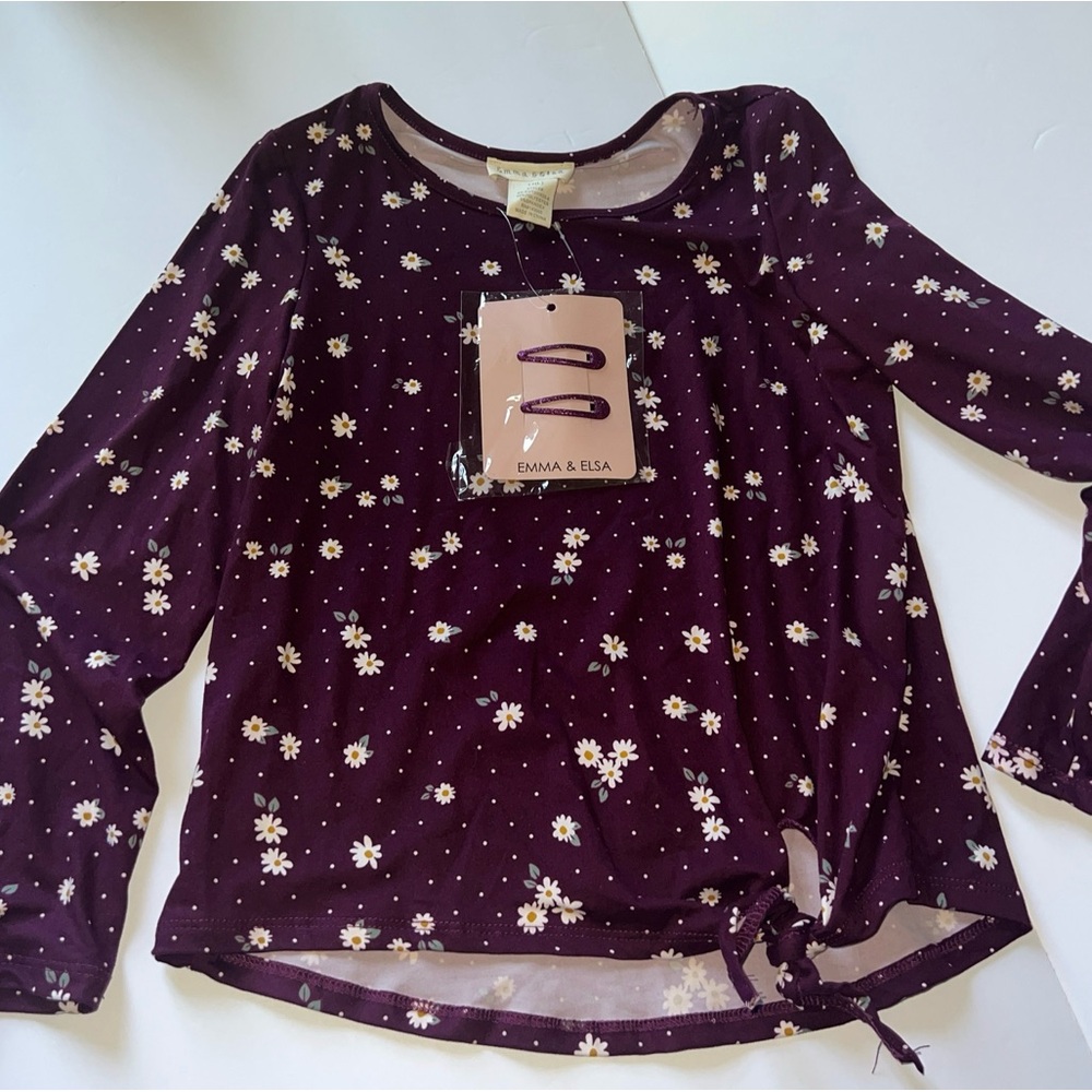 Emma & Elsa Size L 14 Long Sleeve Floral Burgandy Blouse With Hair Clip